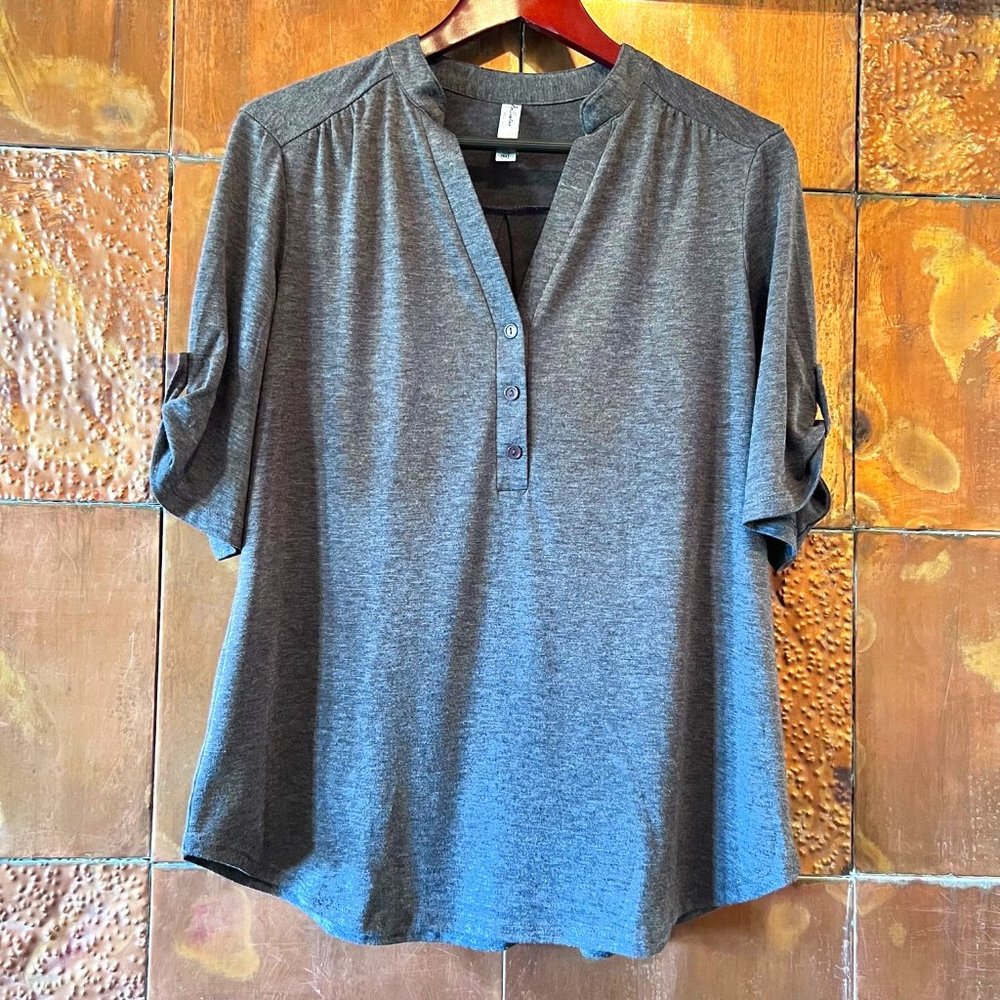 Knit roll-sleeve top * Gray * XL